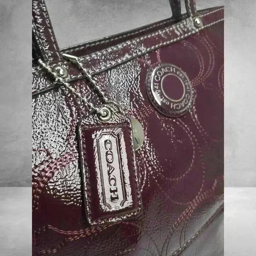 COACH Plum/ Burgundy Signature Patent Leather Tote - Picture 2 of 12